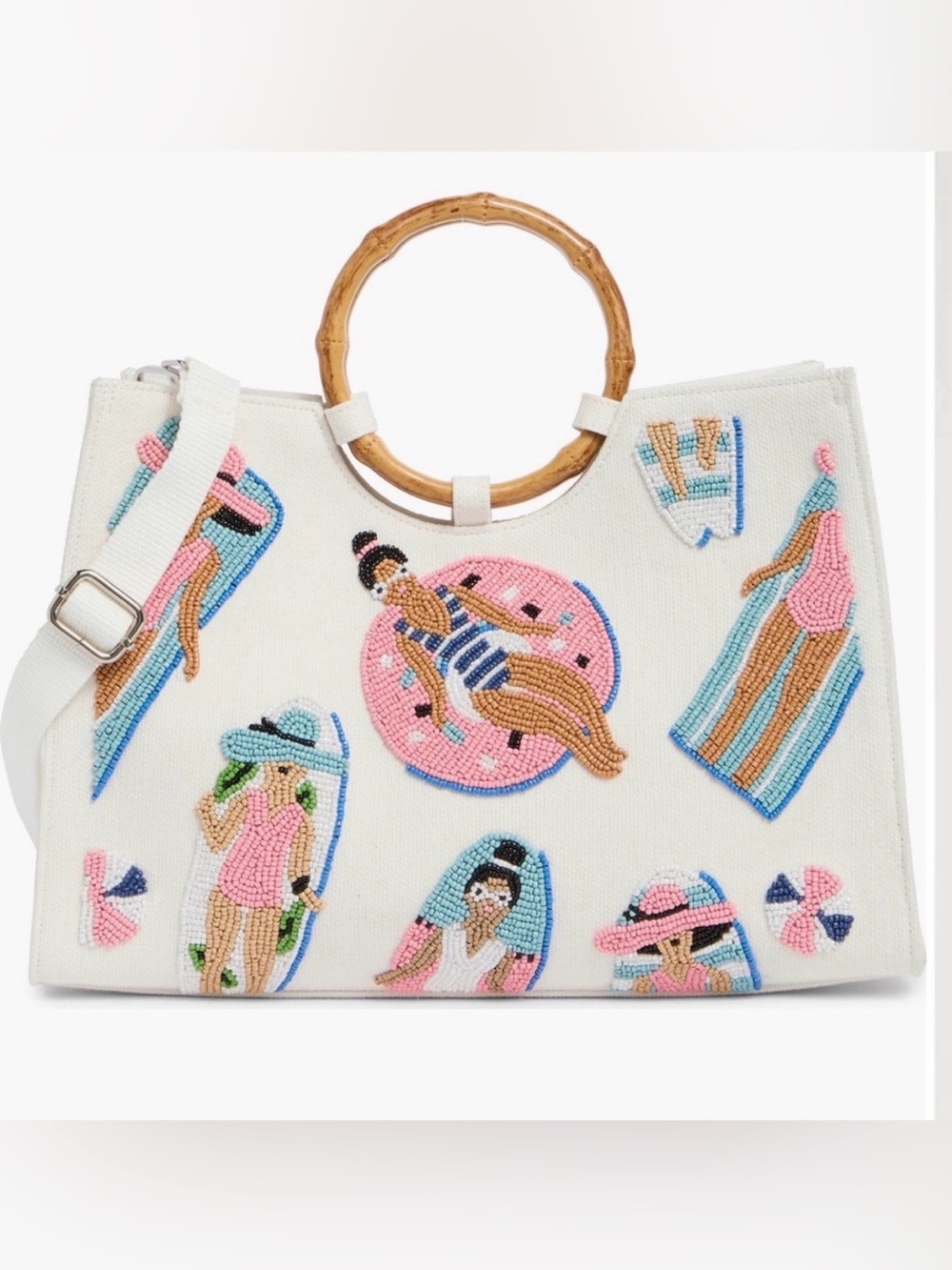 White Beaded Tote with Bamboo Ring Handles